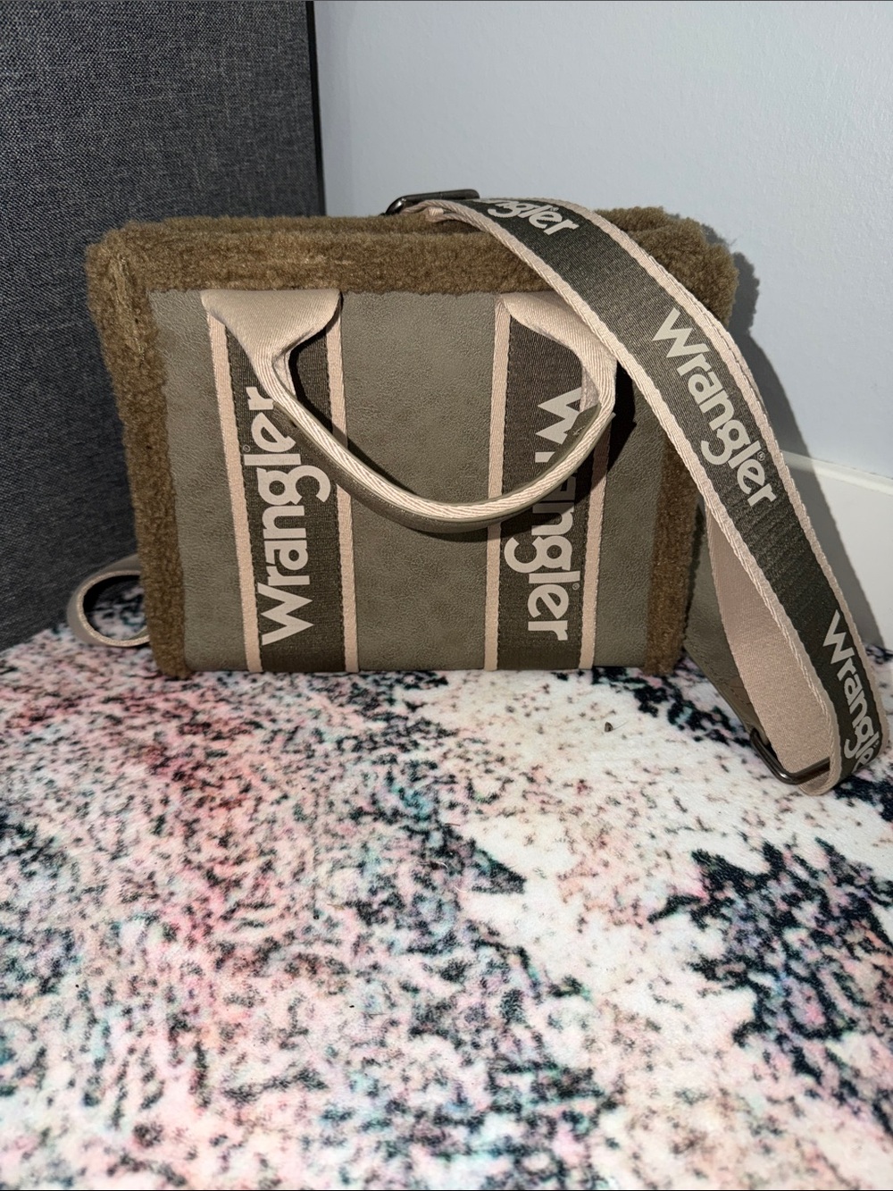 Wrangler Olive and Beige Logo Tote with Wide Branded Strap